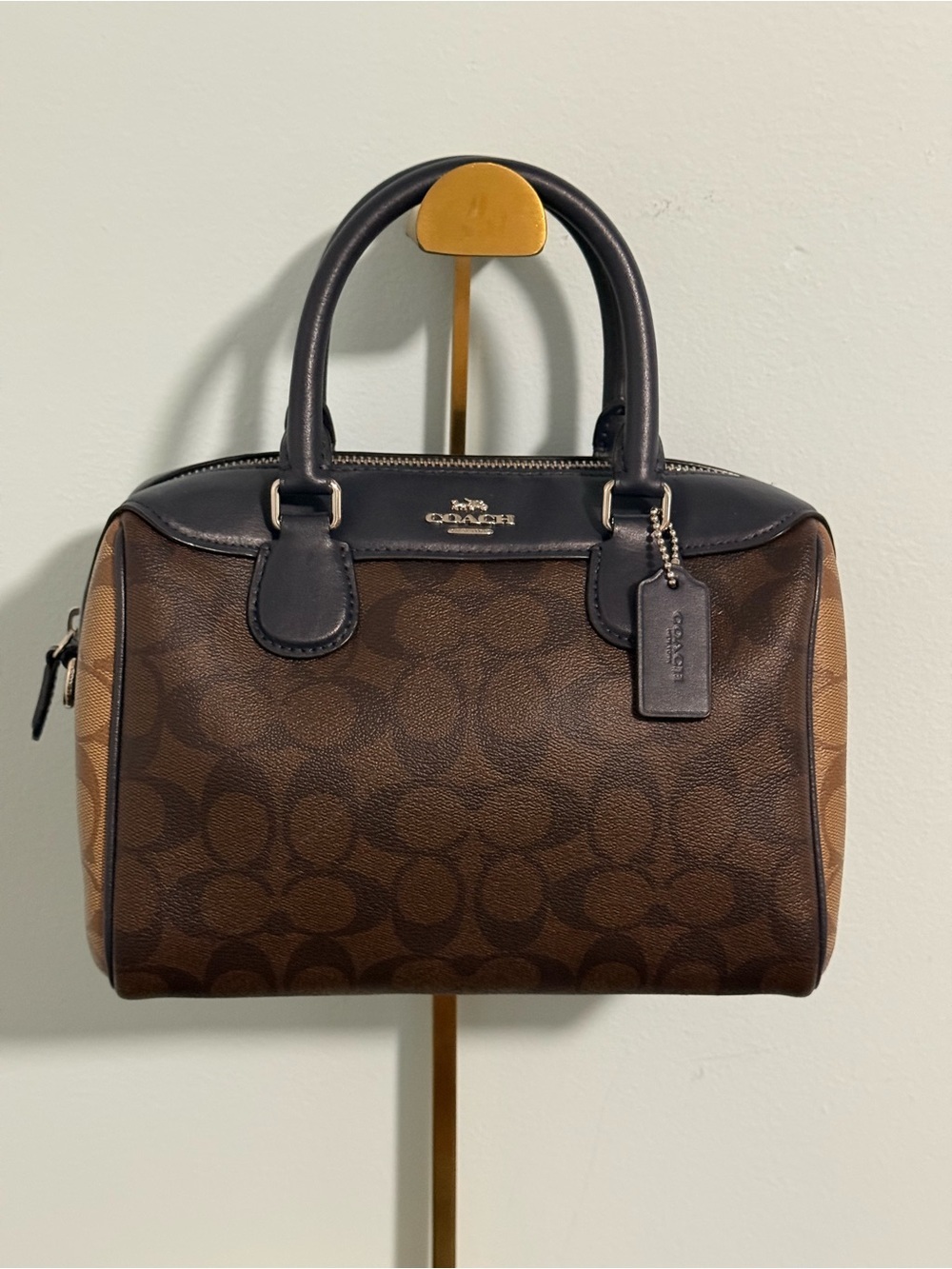 COACH Signature Canvas Satchel in two shades of brown and Navy Leather Trim! 🤩
